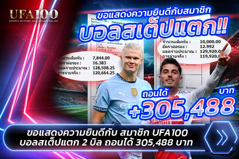 ขอแสดงความยินดีลูกค้า เว็บตรง UFA100 แทงบอลสเต็ป 4 ยูฟ่า แชมเปี้ยนส์ ลีก เดิมพัน 2 บิล สเต็ปแตก ได้ถอน 305,488 บาท