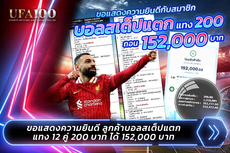 ขอแสดงความยินดีกับลูกค้าผู้โชคดีของเรา! ที่สามารถทำกำไรจาก บอลสเต็ป 12 คู่ แตก รับเงินก้อนโต 152,272 บาท